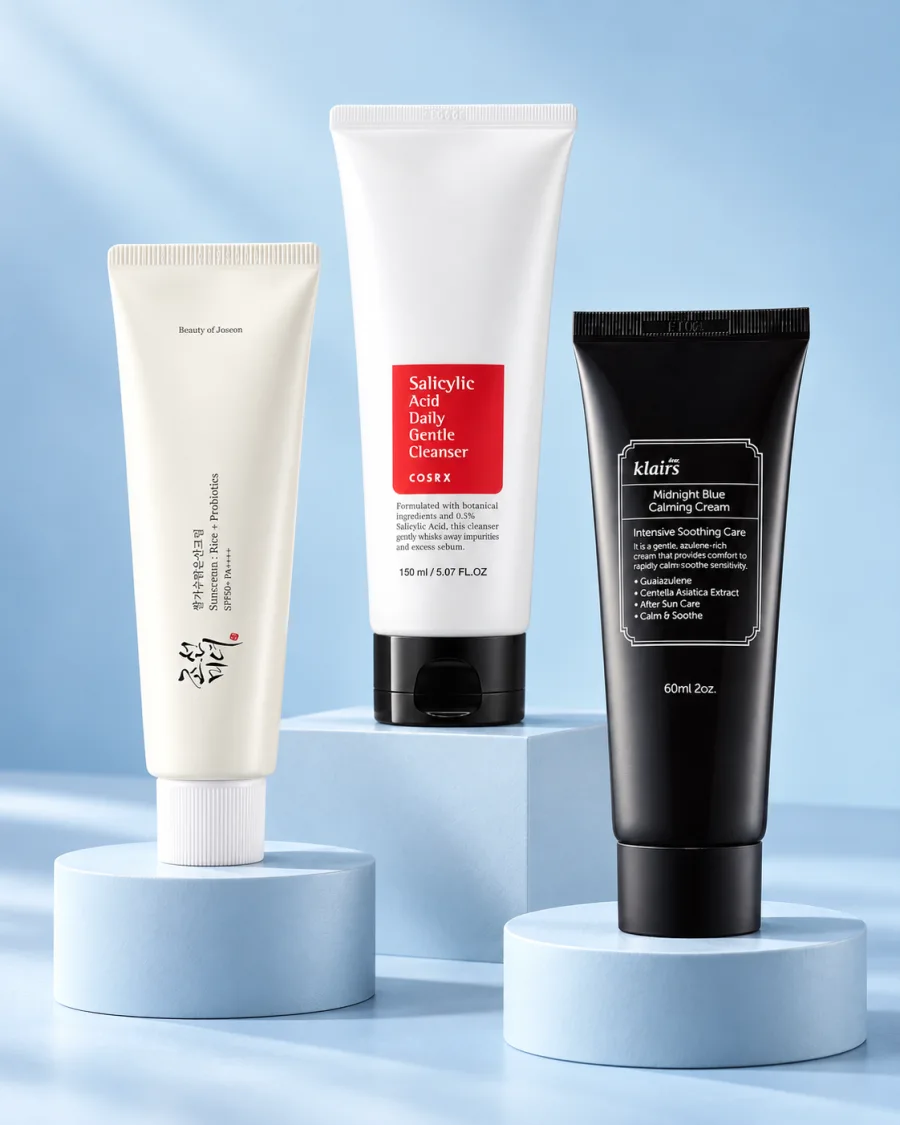 Beauty of Joseon, COSRX and Klairs products on blue display stands