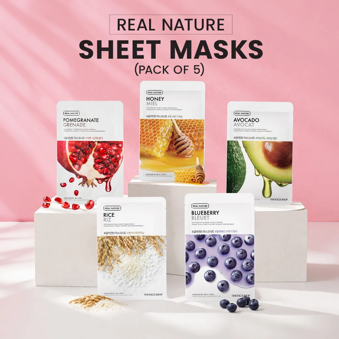 The Face Shop Real Nature Sheet Masks For Glow & Hydration - Pack of 5